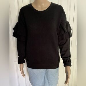 Banana Republic Black Wool Blend Ruffle Sleeve Crew Neck Sweater. Size Medium.